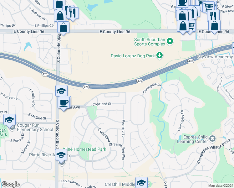 map of restaurants, bars, coffee shops, grocery stores, and more near 4605 Copeland Lane in Littleton