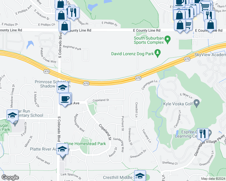 map of restaurants, bars, coffee shops, grocery stores, and more near 4605 Copeland Lane in Littleton