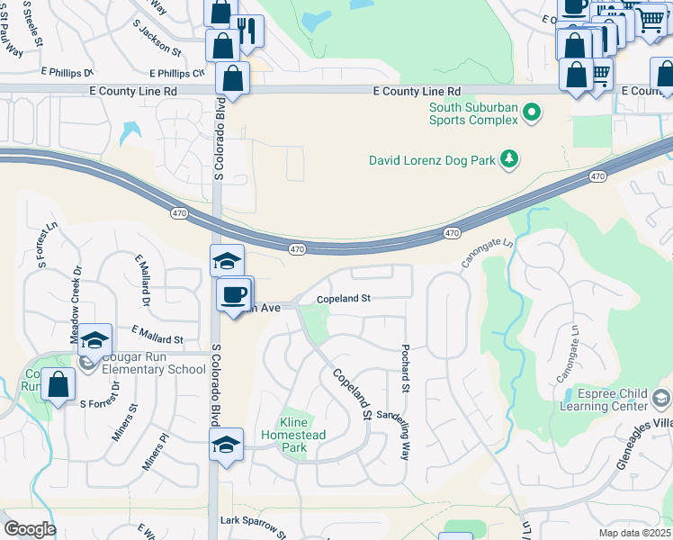 map of restaurants, bars, coffee shops, grocery stores, and more near 4465 Copeland Street in Littleton