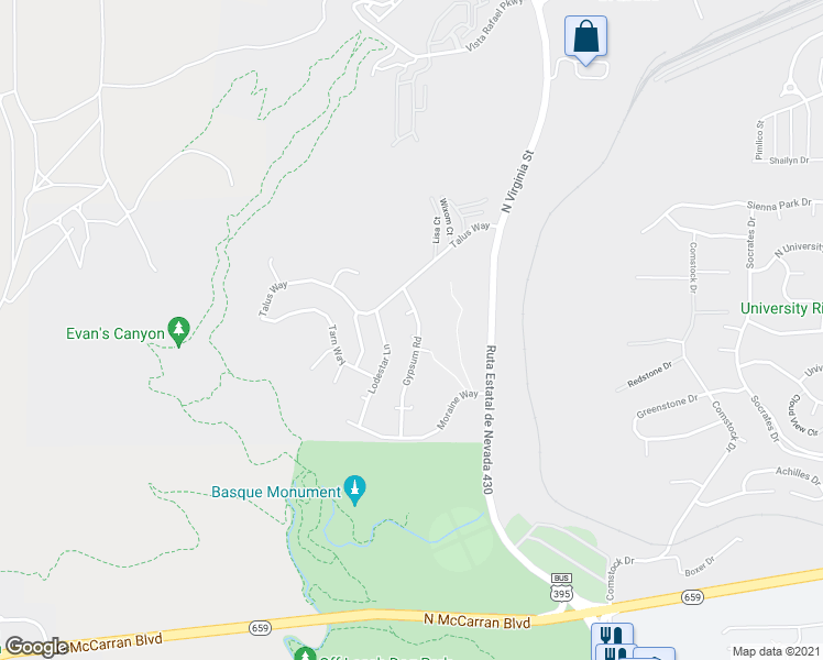 map of restaurants, bars, coffee shops, grocery stores, and more near 3590 Gypsum Road in Reno