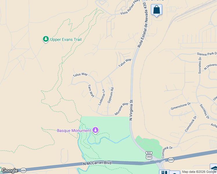 map of restaurants, bars, coffee shops, grocery stores, and more near 3550 Lodestar Lane in Reno
