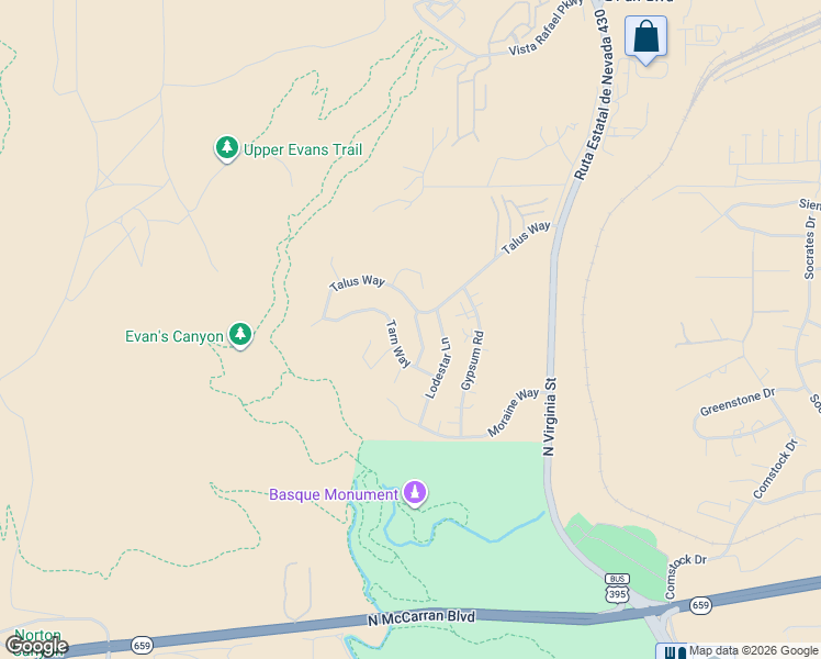 map of restaurants, bars, coffee shops, grocery stores, and more near 3545 Buckhorn Way in Reno