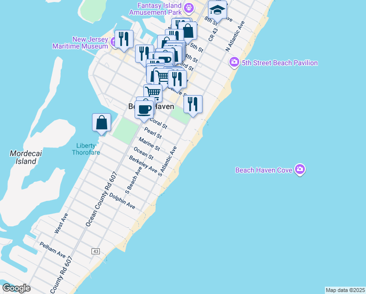 map of restaurants, bars, coffee shops, grocery stores, and more near 7 Pearl Street in Beach Haven