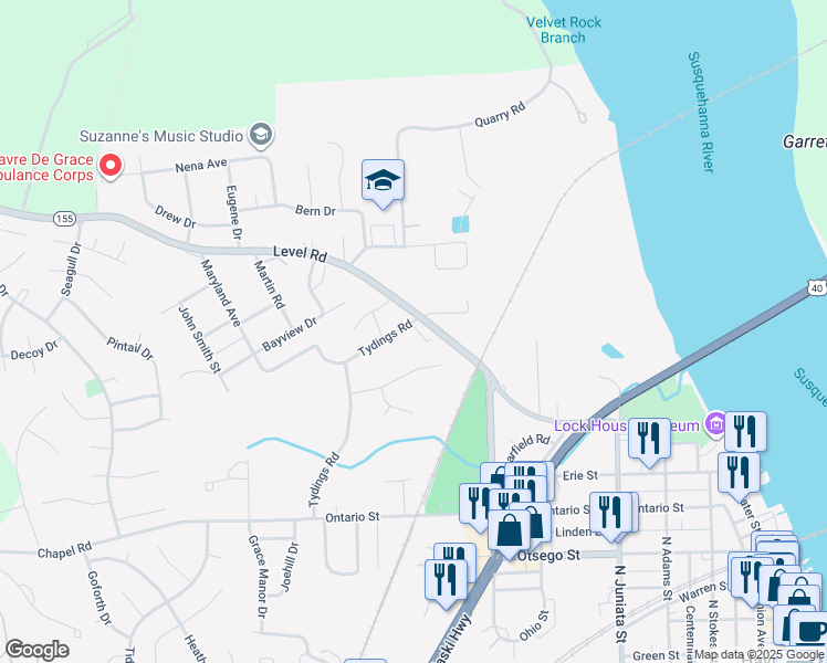 map of restaurants, bars, coffee shops, grocery stores, and more near 827 Tydings Road in Havre de Grace