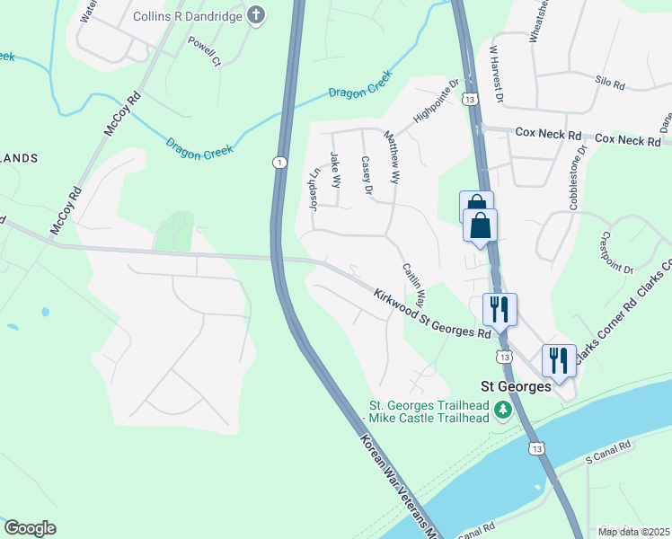 map of restaurants, bars, coffee shops, grocery stores, and more near Kirkwood Saint Georges Road in Saint Georges