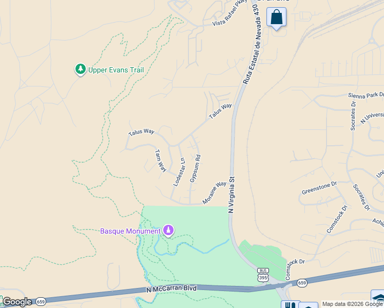 map of restaurants, bars, coffee shops, grocery stores, and more near 3550 Lodestar Lane in Reno