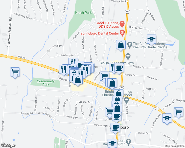 map of restaurants, bars, coffee shops, grocery stores, and more near 35 Renwood Place in Springboro