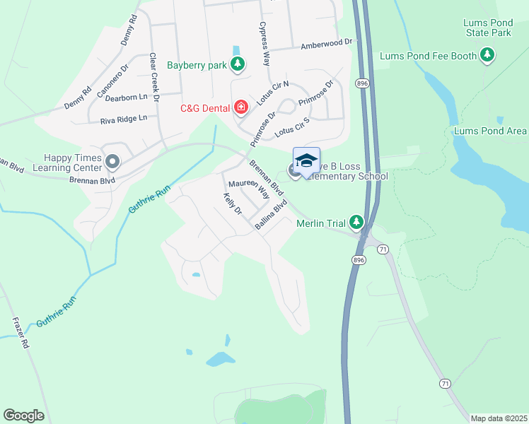 map of restaurants, bars, coffee shops, grocery stores, and more near 12 Maureen Way in Bear