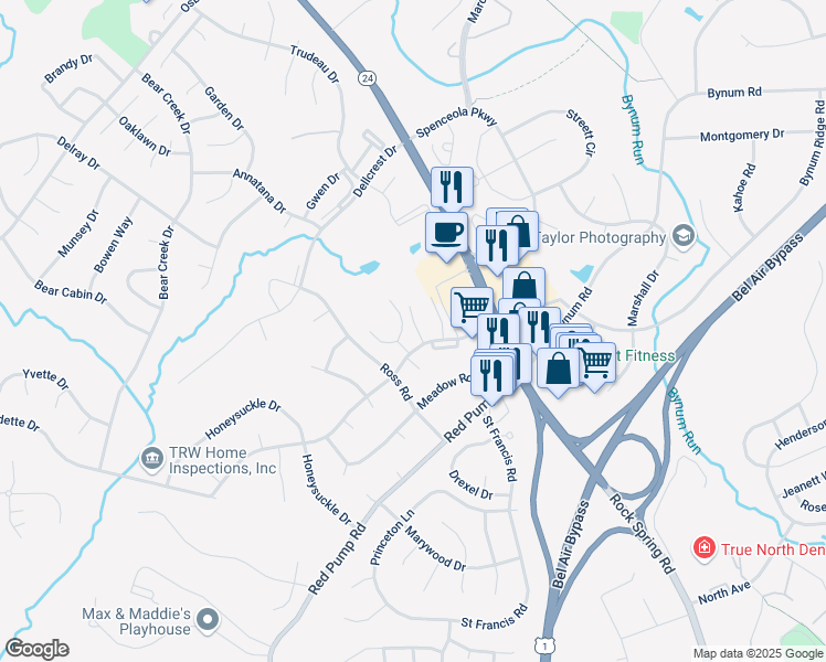 map of restaurants, bars, coffee shops, grocery stores, and more near 1624 Denise Drive in Forest Hill