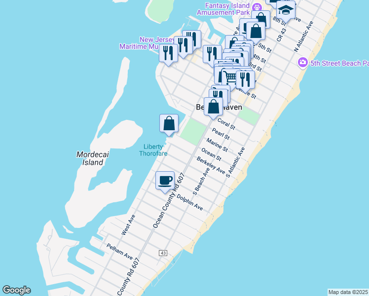 map of restaurants, bars, coffee shops, grocery stores, and more near 311 Berkeley Avenue in Beach Haven