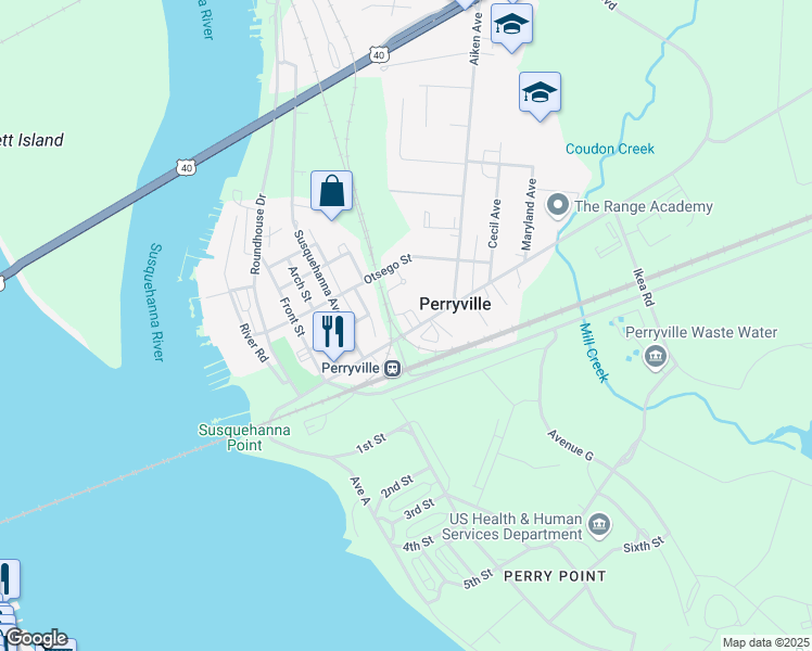 map of restaurants, bars, coffee shops, grocery stores, and more near 515 Broad Street in Perry Point