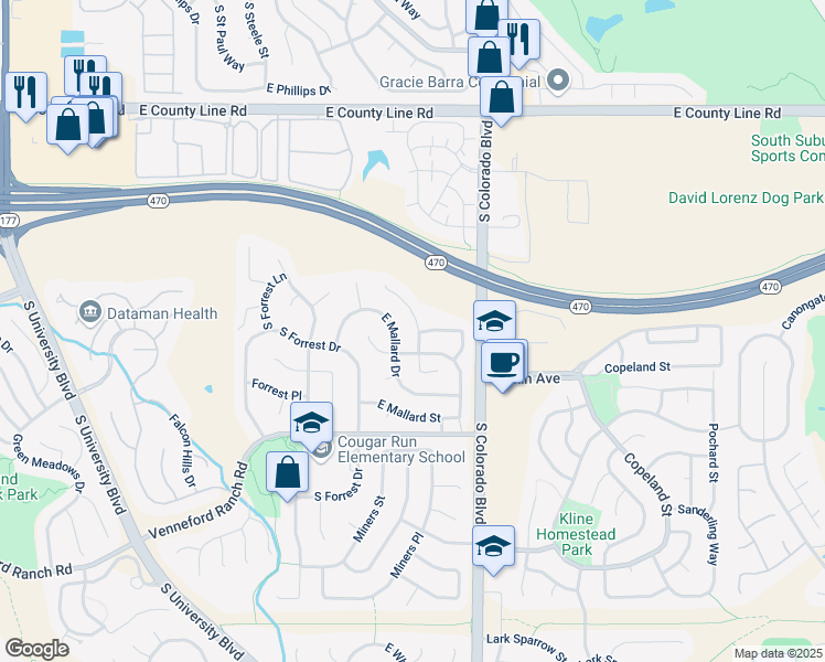 map of restaurants, bars, coffee shops, grocery stores, and more near 8661 South Mallard Place in Littleton