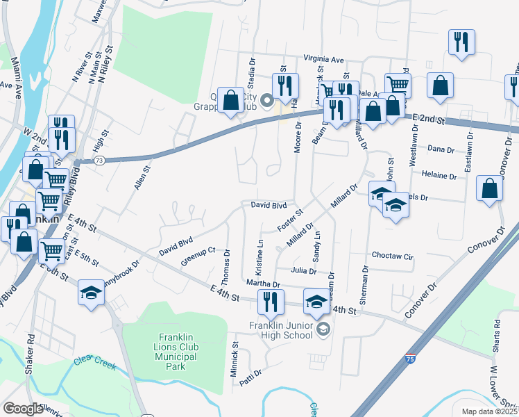 map of restaurants, bars, coffee shops, grocery stores, and more near 664 David Boulevard in Franklin