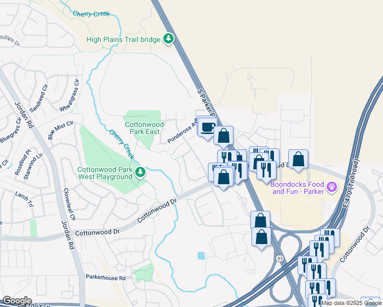 map of restaurants, bars, coffee shops, grocery stores, and more near 17761 Cottonwood Drive in Parker