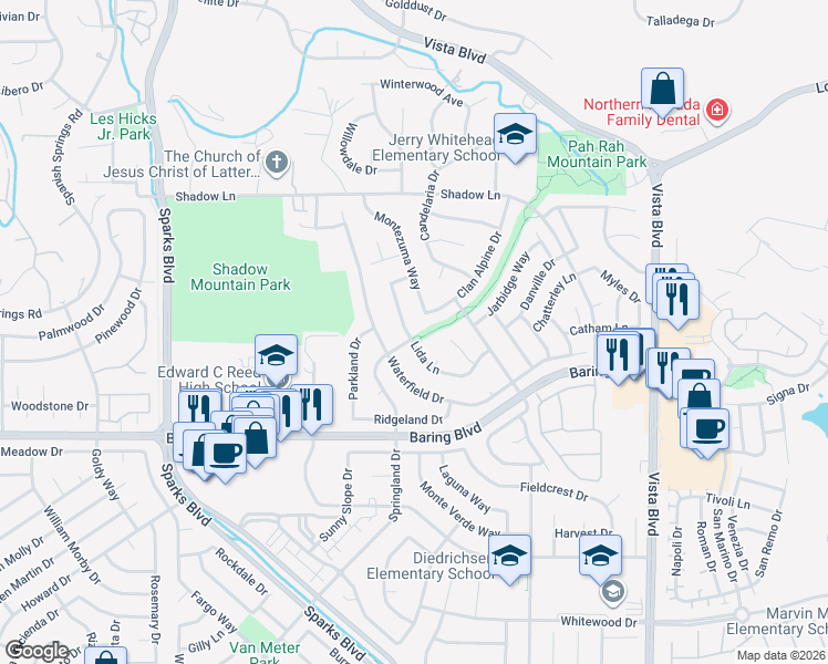 map of restaurants, bars, coffee shops, grocery stores, and more near 3012 Lida Lane in Sparks