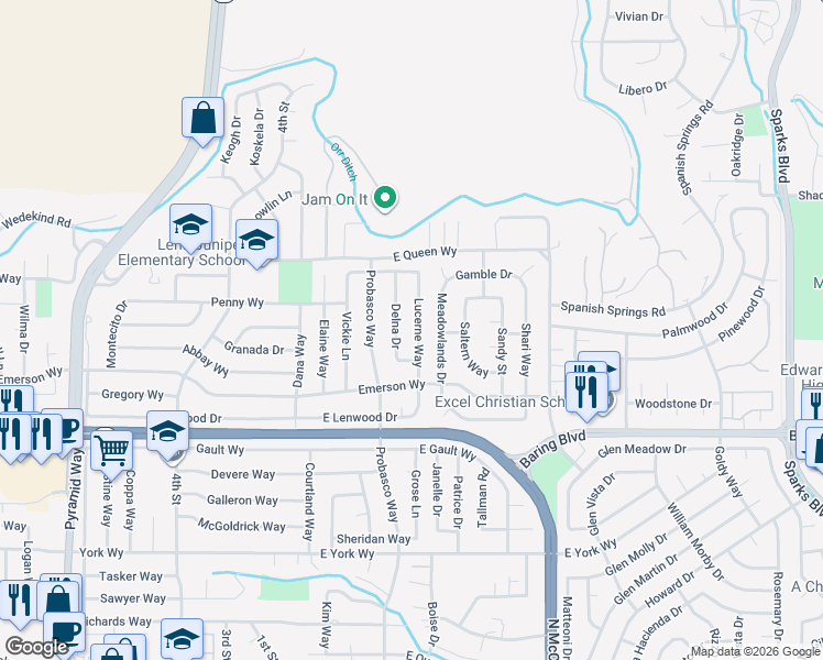 map of restaurants, bars, coffee shops, grocery stores, and more near 3255 Lucerne Way in Sparks