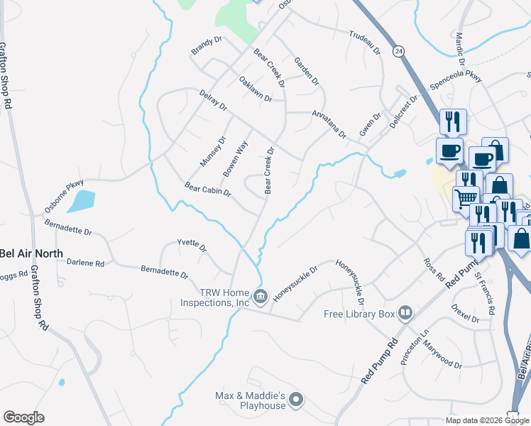 map of restaurants, bars, coffee shops, grocery stores, and more near 1913 Bear Creek Drive in Forest Hill