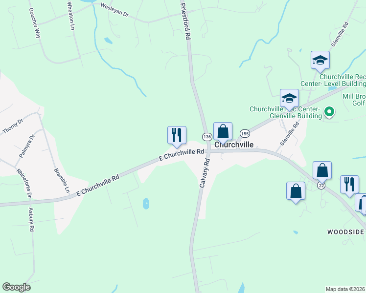 map of restaurants, bars, coffee shops, grocery stores, and more near 2832 D Churchville Road in Churchville