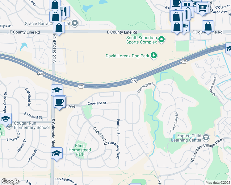map of restaurants, bars, coffee shops, grocery stores, and more near 4605 Copeland Lane in Littleton