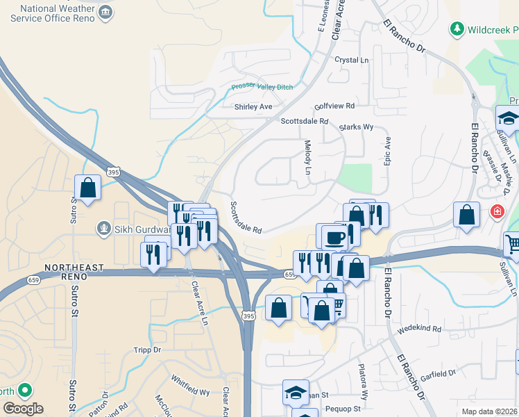 map of restaurants, bars, coffee shops, grocery stores, and more near 2835 Scottsdale Road in Reno