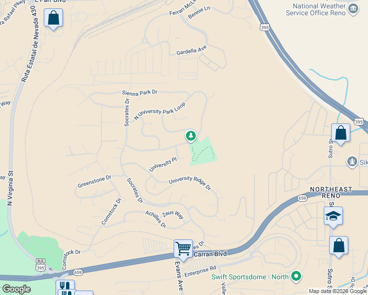 map of restaurants, bars, coffee shops, grocery stores, and more near 980 South University Park Loop in Reno