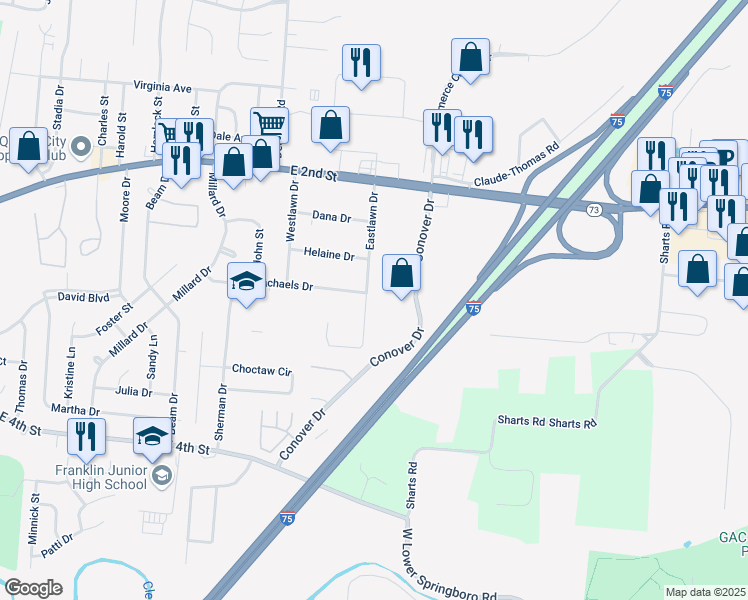 map of restaurants, bars, coffee shops, grocery stores, and more near 8010 Eastlawn Drive in Franklin