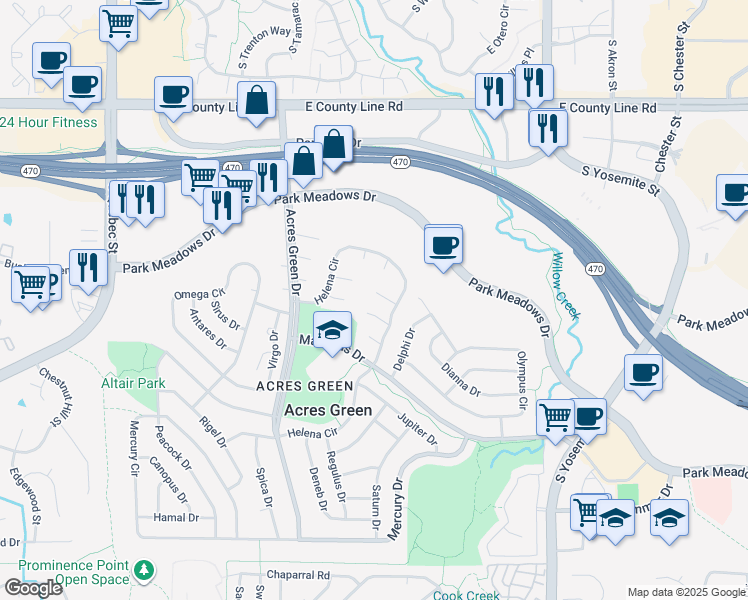 map of restaurants, bars, coffee shops, grocery stores, and more near 424 Neptune Court in Lone Tree