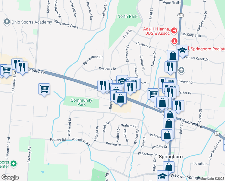 map of restaurants, bars, coffee shops, grocery stores, and more near 280 West Central Avenue in Springboro