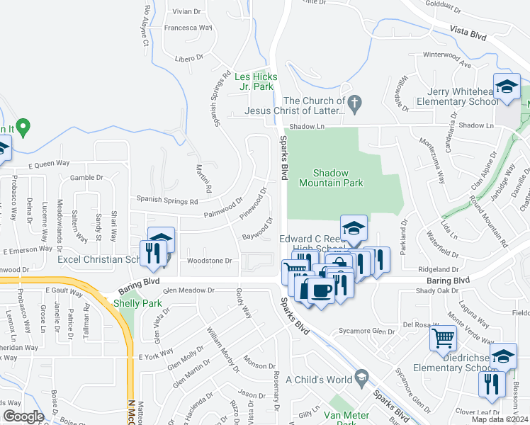 map of restaurants, bars, coffee shops, grocery stores, and more near 1062 Baywood Drive in Sparks