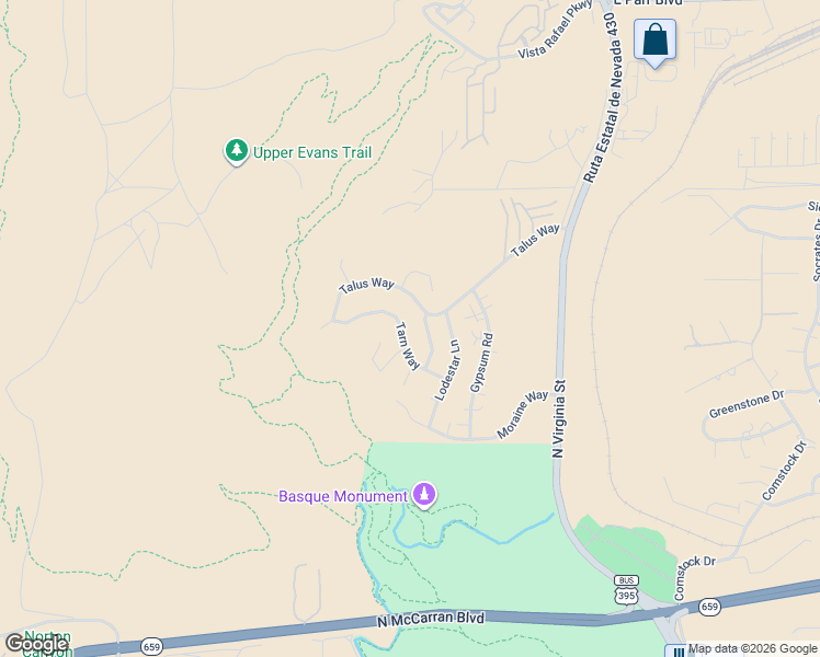 map of restaurants, bars, coffee shops, grocery stores, and more near 3545 Buckhorn Way in Reno