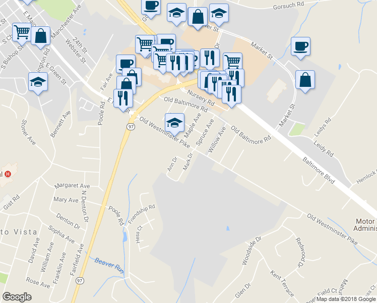 map of restaurants, bars, coffee shops, grocery stores, and more near 555 Old Westminster Pike in Westminster
