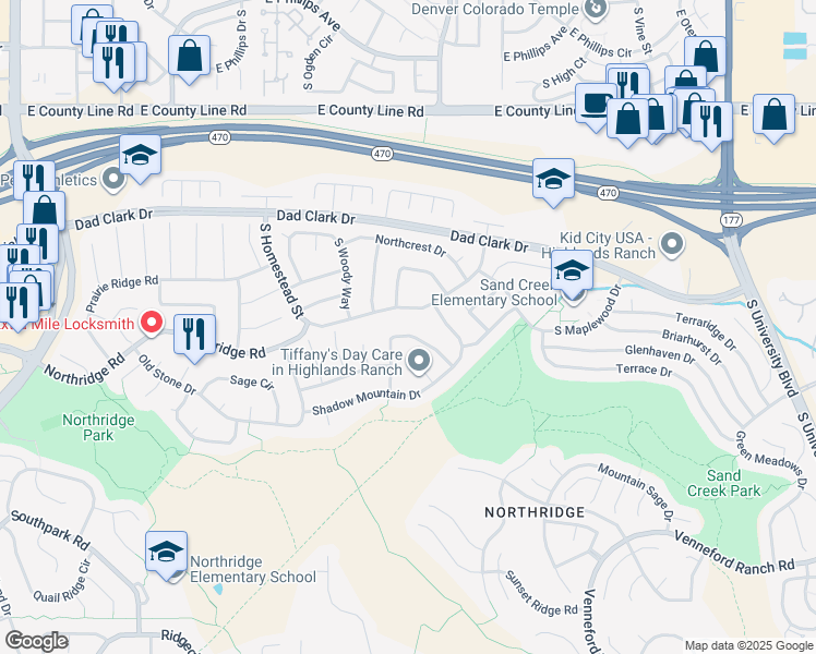 map of restaurants, bars, coffee shops, grocery stores, and more near 8675 Meadowlark Circle in Littleton