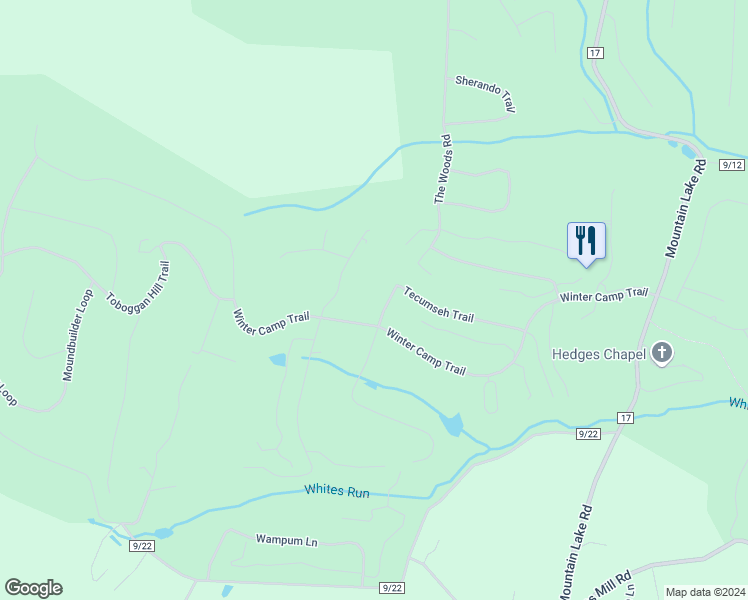 map of restaurants, bars, coffee shops, grocery stores, and more near 652 Tecumseh Trail in Hedgesville