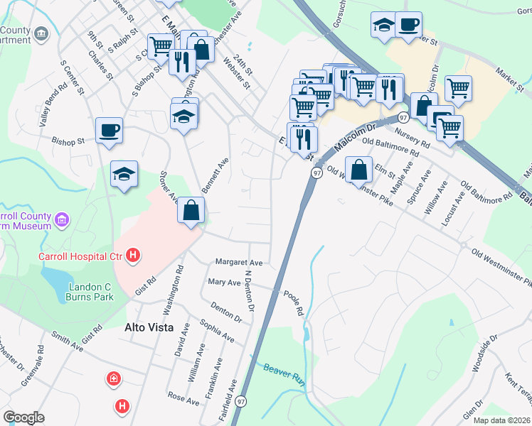 map of restaurants, bars, coffee shops, grocery stores, and more near 311 Beacon Mews Court in Westminster