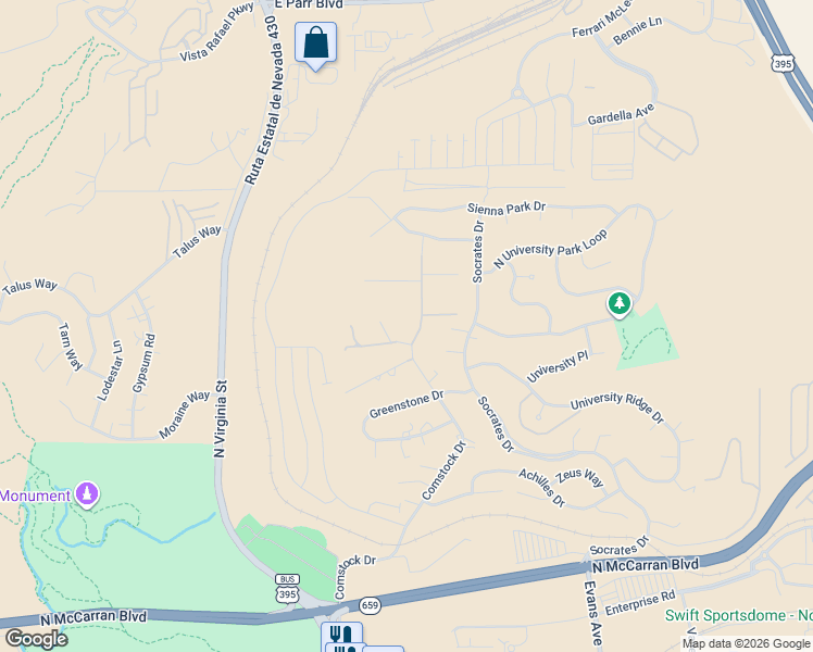 map of restaurants, bars, coffee shops, grocery stores, and more near 3430 Comstock Drive in Reno