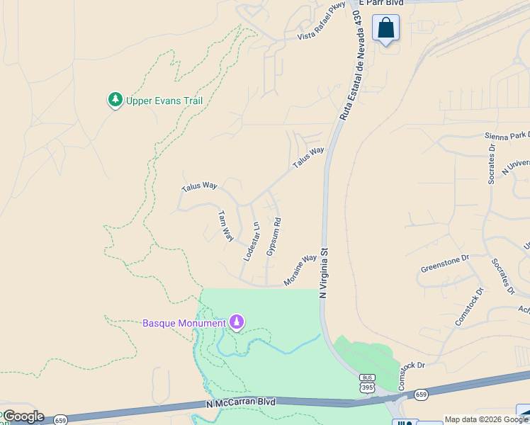map of restaurants, bars, coffee shops, grocery stores, and more near 3550 Lodestar Lane in Reno