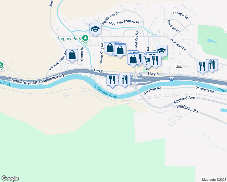map of restaurants, bars, coffee shops, grocery stores, and more near 2650 Gilstrap Court in Glenwood Springs