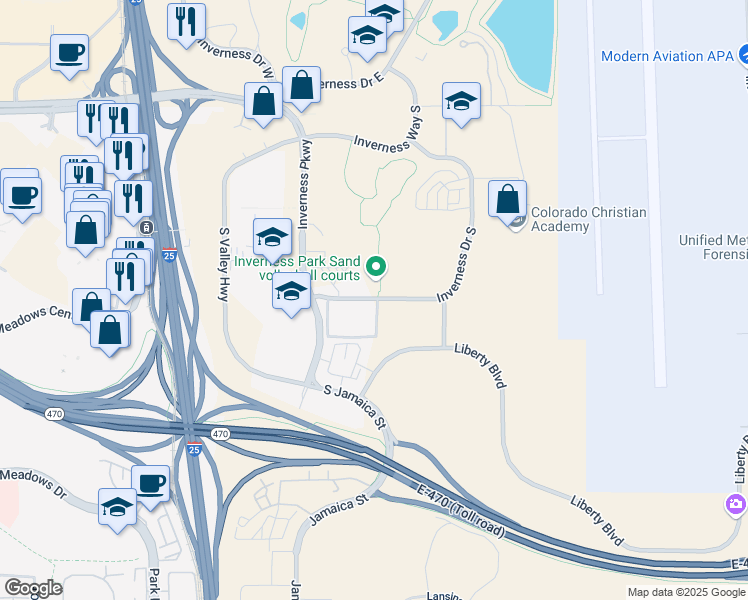 map of restaurants, bars, coffee shops, grocery stores, and more near 349 Inverness Drive South in Englewood