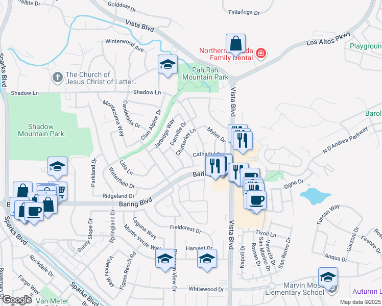 map of restaurants, bars, coffee shops, grocery stores, and more near 1704 Catham Lane in Sparks