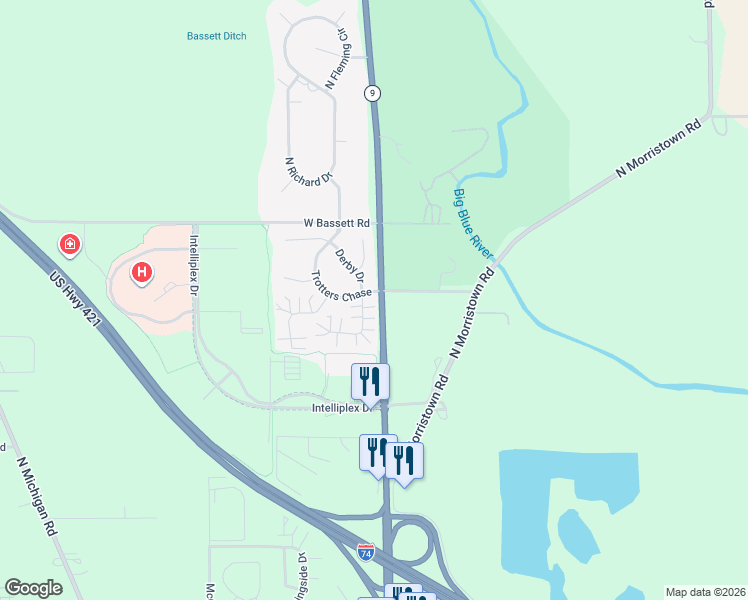 map of restaurants, bars, coffee shops, grocery stores, and more near 2382 Steeple Chase in Shelbyville