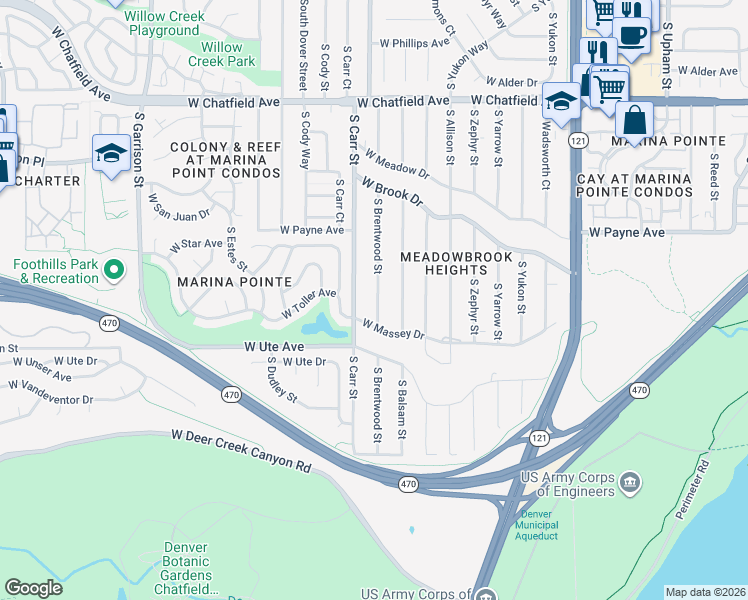 map of restaurants, bars, coffee shops, grocery stores, and more near 8685 South Brentwood Street in Littleton
