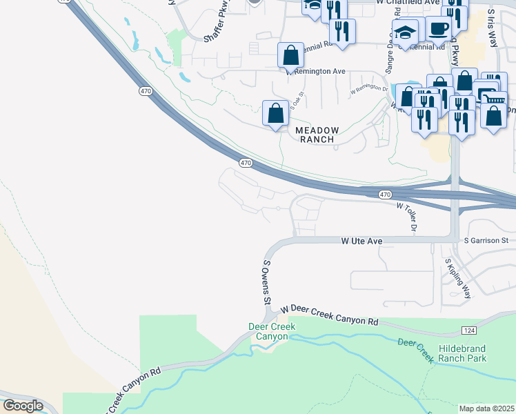map of restaurants, bars, coffee shops, grocery stores, and more near 8670 South Oak Circle in Littleton