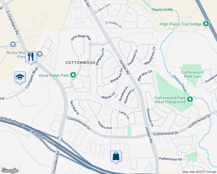 map of restaurants, bars, coffee shops, grocery stores, and more near 16275 Beauty Bush Place in Parker