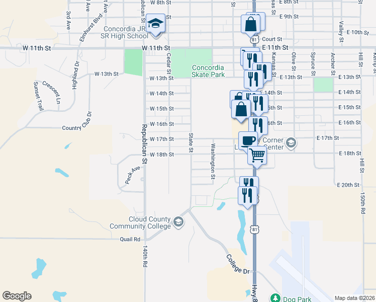 map of restaurants, bars, coffee shops, grocery stores, and more near 301-399 W 18th St in Concordia
