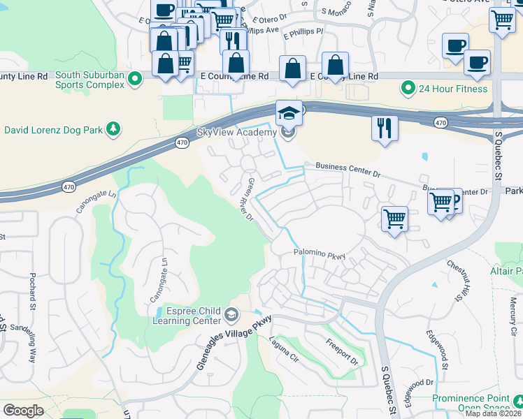 map of restaurants, bars, coffee shops, grocery stores, and more near 8615 Gold Peak Place in Highlands Ranch