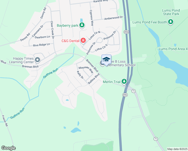 map of restaurants, bars, coffee shops, grocery stores, and more near 12 Maureen Way in Bear