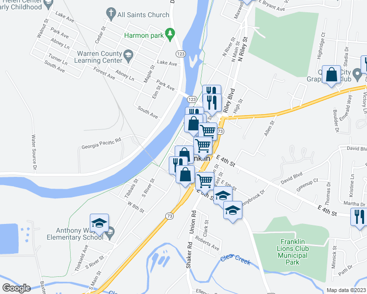map of restaurants, bars, coffee shops, grocery stores, and more near in Franklin