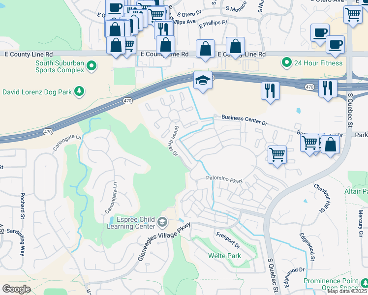 map of restaurants, bars, coffee shops, grocery stores, and more near 8577 Gold Peak Drive in Littleton