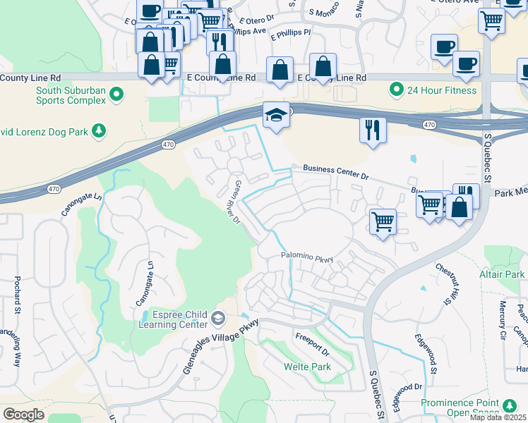 map of restaurants, bars, coffee shops, grocery stores, and more near 8589 Gold Peak Drive in Littleton