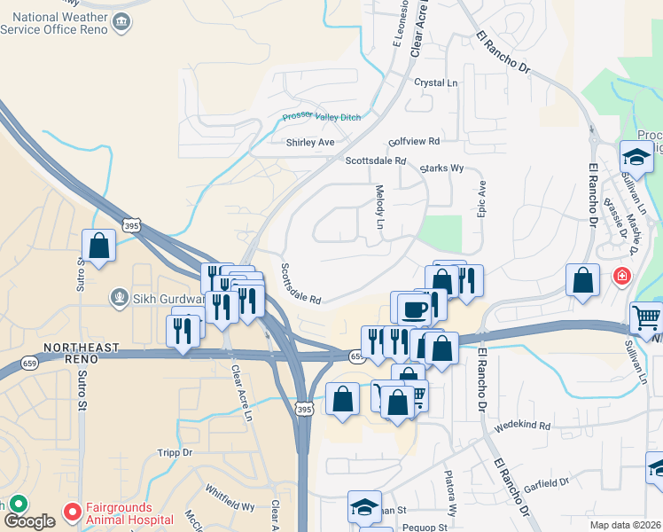 map of restaurants, bars, coffee shops, grocery stores, and more near 2835 Scottsdale Road in Reno